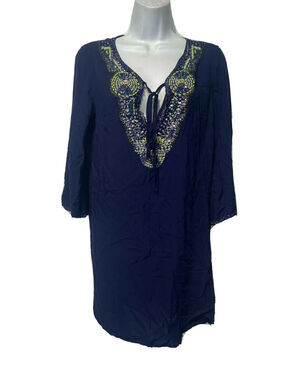 arc & co Women’s Size S blue beaded long sleeve v-neck tunic dress